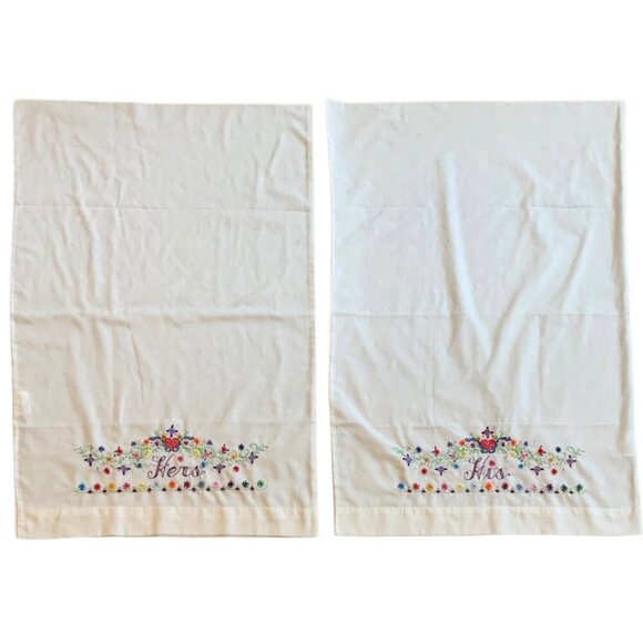 His & Hers Embroidered Queen Size Pillowcases Pair White Cotton Poly Blend - Picture 4 of 7
